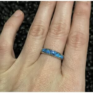 Native Sw Sterling Silver Inlaid Fire Blue Opal Stacker Ring💙Size 8 Signed SM